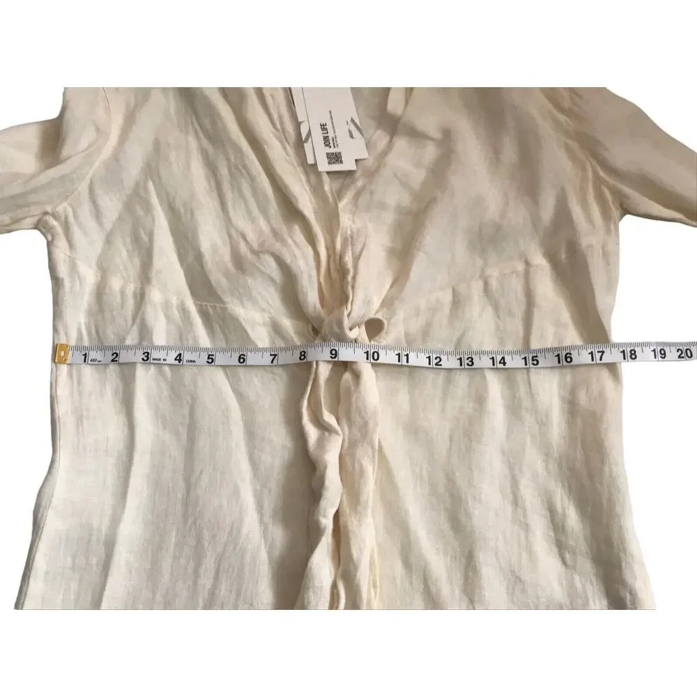 Zara Romper Size XS Tied 100% Linen Oyster White Long Sleeve V-Neck Jumpsuit